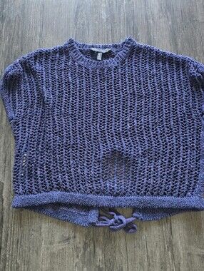 BCBGMAXAZRIA Purple Open-Knit Tie Back Short Sleeve Pullover Sweater S